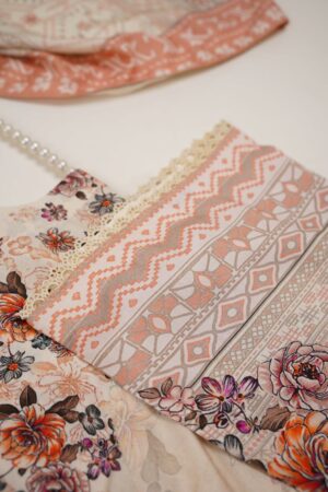 3-Piece Stitched Linen Suit – Soft Beige Base with Blush Floral Prints and Lace Detailing