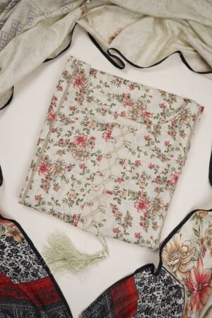 3-Piece Stitched Linen Suit – Ivory Base with Floral Print and Contrasting Dupatta